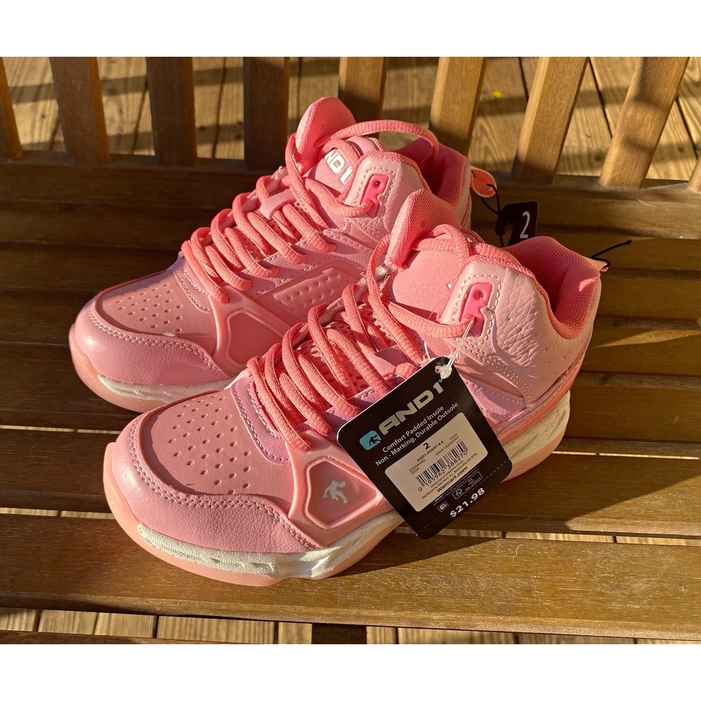 AND1 Pink/White Mid Top Lace-Up Basketball Sneakers Unisex Kids US 2